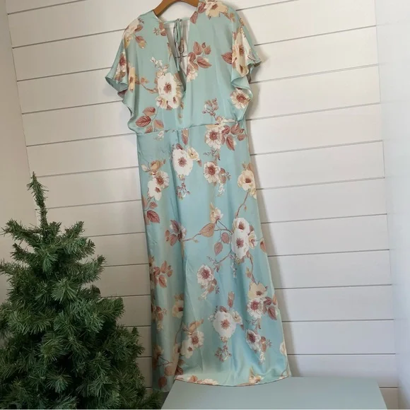 Floral double V-Neck Maxi Dress empire waist dolman cottagecore wedding satin - Picture 4 of 6